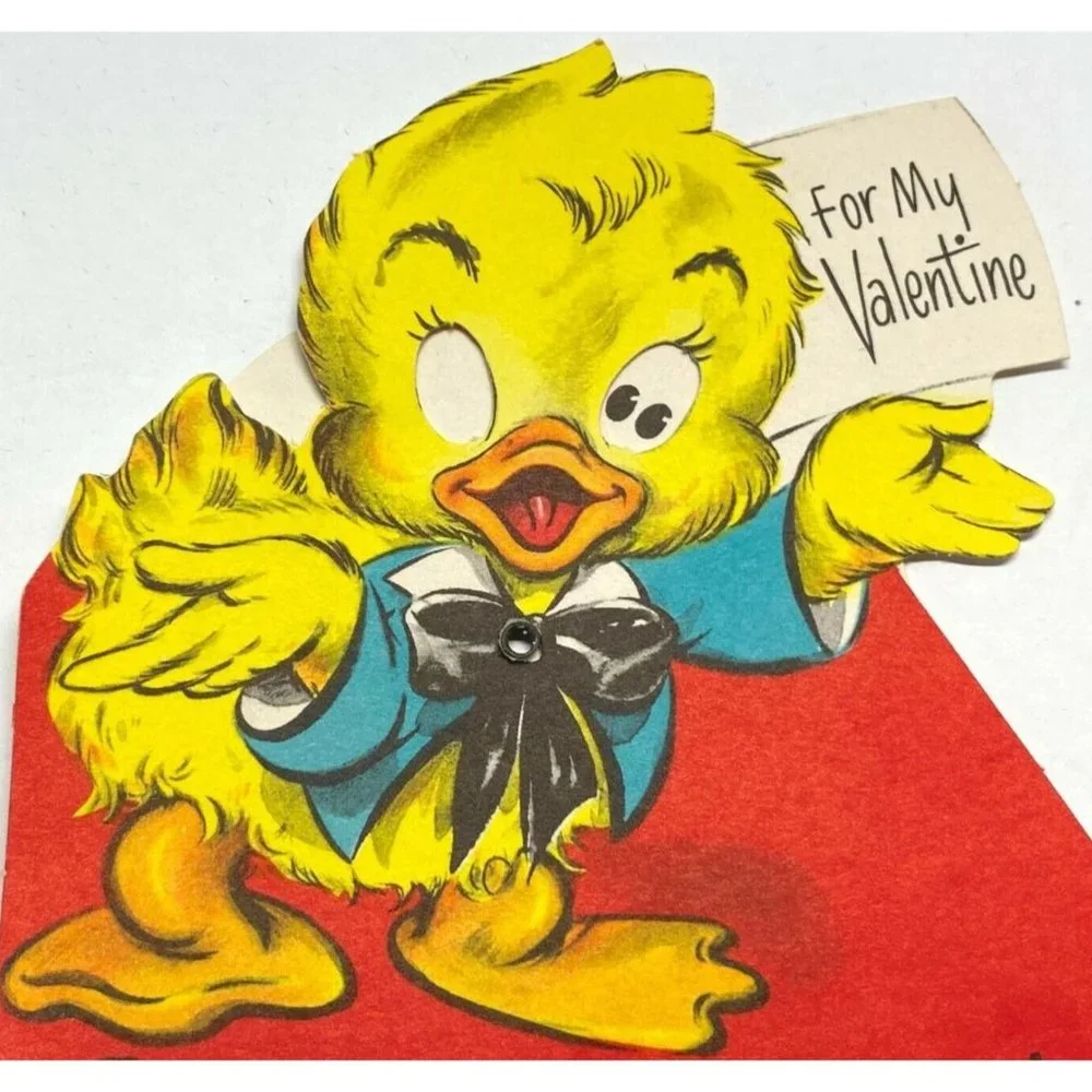 Valentines Day Vintage Greeting Card Duck Moving Eyes Yellow Duckling 1940s Anth